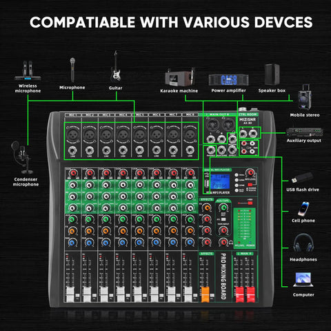 8 Channel DJ Audio Mixer With Reverb And Bluetooth Pro Grade Studio Quality Sound Console With USB Recording for devices