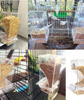 Two Piece Automatic Bird Feeder Kit With Clear Acrylic Hopper And Rock Solid Gravity Valve For Parakeets And Lovebirds shown in multiple angles with birdseed.