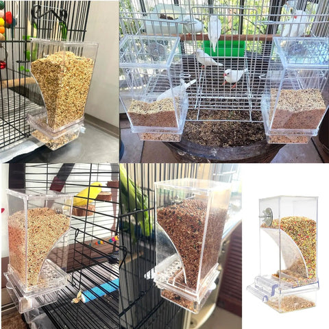 Two Piece Automatic Bird Feeder Kit With Clear Acrylic Hopper And Rock Solid Gravity Valve For Parakeets And Lovebirds shown in multiple angles with birdseed.