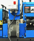 Close-up of WS260 Wire Stripping Machine for Copper Wire Auto Feed and Cut Rollers, showing motor and safety warning label.