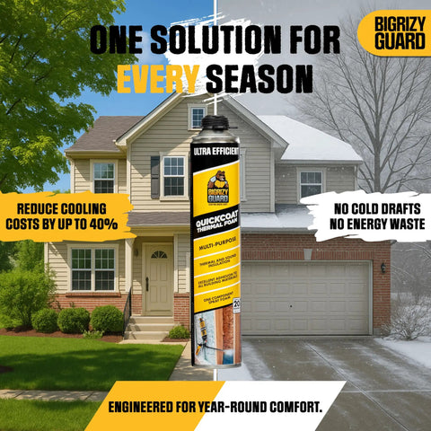 Pro Level Heavy Hitter Closed Cell Spray Foam Insulation Kit With Dependable Trigger Gun And Rapid Dissolve Cleaner 12 Pack shown outside a house.