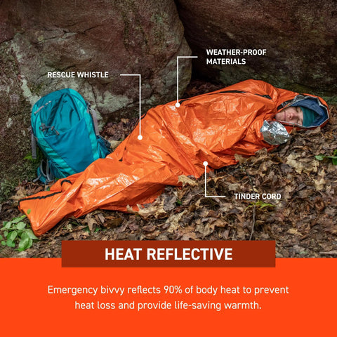 Ninety Percent Heat Reflective Emergency Bivvy With Survival Whistle And Paracord Drawstring For Your Emergency Kit And Hiking Gear in use.
