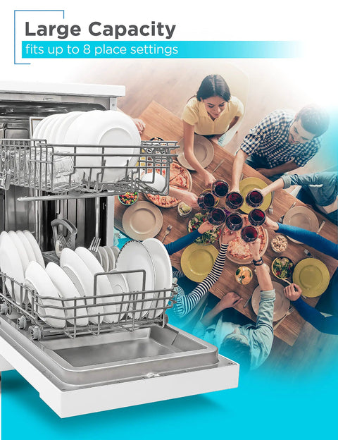 Slick 18 Inch Portable Dishwasher With Stainless Steel Tub Cleans Eight Place Settings fast showing dishes inside rack.