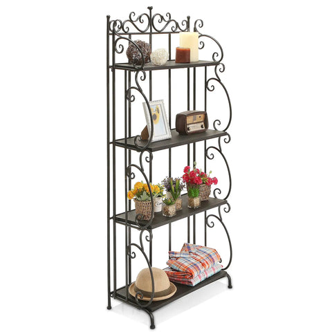 Black Metal Freestanding Storage Rack With Four Wood Shelves And Decorative Scrollwork Displays Plants Photos Or Pantry Items Looks Fresh Builds Tough Hassle Free Assembly Great For Kicking Up Any Apartment Or Home Office