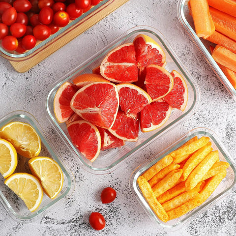 Glass Meal Prep Containers Set With Locking Lids, Borosilicate Glass Food Storage holding grapefruits and vegetables