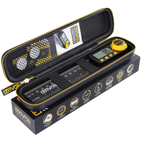 Kickass Aluminum Digital Angle Finder And Multipurpose Protractor Gauge With Rock Solid Build and XL screen in zippered pouch.