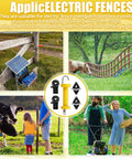 Two Sets Electric Fence Gate Handle Kit With Anchors And Insulators Including Two Yellow Handles With Spring, Four Black Insulators, And Four Anchors With Screws For Fast, Durable Outdoor Fence Installations shown with solar panel setup and livestock in field.