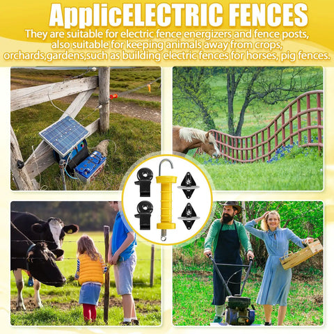 Two Sets Electric Fence Gate Handle Kit With Anchors And Insulators Including Two Yellow Handles With Spring, Four Black Insulators, And Four Anchors With Screws For Fast, Durable Outdoor Fence Installations shown with solar panel setup and livestock in field.