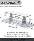 Heavy Duty Anl Inline Fuse Holder Kit For 1/0 2 4 AWG Car Wiring with clear cover and nickel contacts, dimensions labeled.