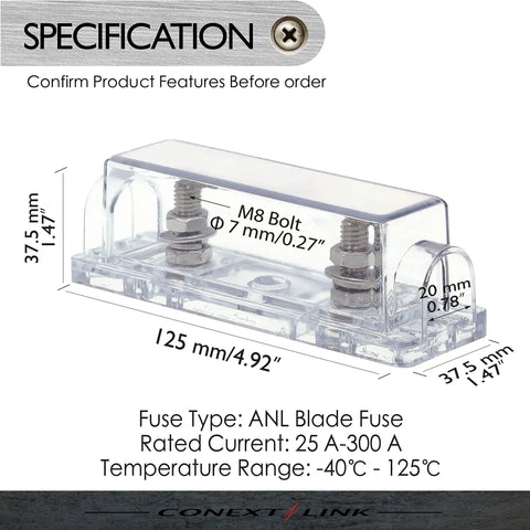 Heavy Duty Anl Inline Fuse Holder Kit For 1/0 2 4 AWG Car Wiring with clear cover and nickel contacts, dimensions labeled.