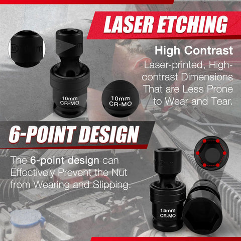 18 Piece Half Inch Drive Shallow Universal Impact Socket Set With Swivel And Flexible Wobble Sockets CR MO Construction Pro Grade Built Tough Metric 10mm To 24mm Includes 3 Inch And 6 Inch Extension Bars And Adapter 6 Point, showing laser-etched 10mm and 15mm sockets highlighting 6-point design.