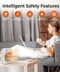 Woman relaxing near a Dual Watt Personal Heater With 750 And 1500 Watts, Fast Warmth From Fan Forced Heating, in a cozy room setting.