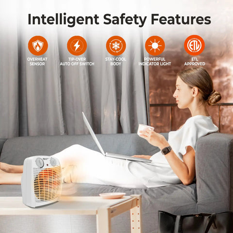 Woman relaxing near a Dual Watt Personal Heater With 750 And 1500 Watts, Fast Warmth From Fan Forced Heating, in a cozy room setting.