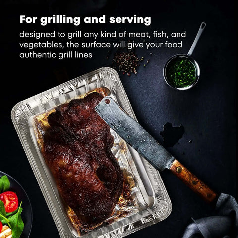 25 Pack Disposable Aluminum Broiler Pans For BBQ And Grilling Durable Ribbed Bottom Surface Pans 13.4 X 9 X 0.85 Inches with cooked meat