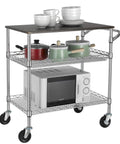Heavy Duty 3 Tier Utility Cart With Wood Top, Steel Service Cart On Wheels, NSF Listed Food Service Trolley, 500 Lb Capacity
