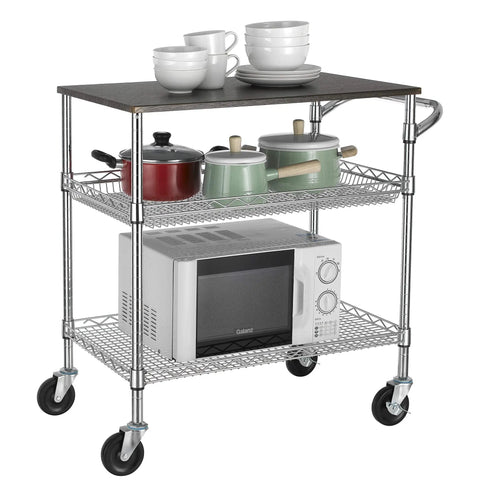 Heavy Duty 3 Tier Utility Cart With Wood Top, Steel Service Cart On Wheels, NSF Listed Food Service Trolley, 500 Lb Capacity
