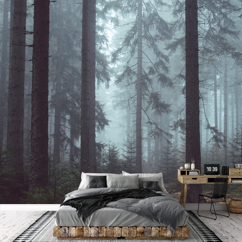 Forest Landscape Wall Mural Peel And Stick Wallpaper for Bedroom and Living Room, showing misty forest scene behind bed and desk