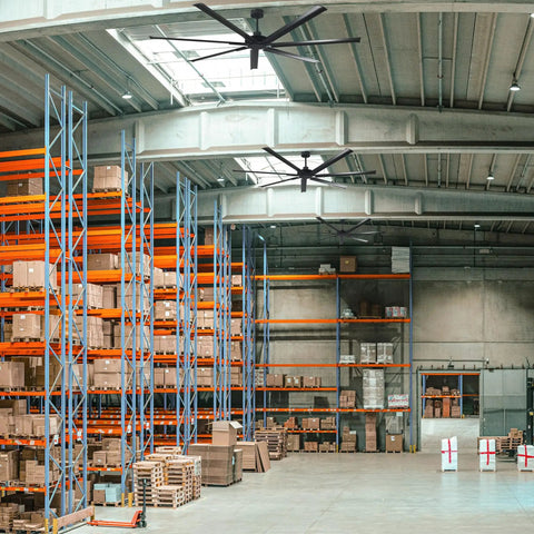 100 Inch Black Industrial Ceiling Fan No Light With Remote Control, Reversible 7 Aluminum Blades, DC Motor Ultra Quiet in warehouse.