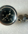 Front view of 100 PSI oil pressure gauge with chrome bezel and adapter fitting for Harley Shovelhead & Big Twin EVO
