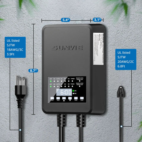 Dual Output 300W Low Voltage Landscape Transformer With Timer And Photocell Sensor, dimensions and UL listed cables shown