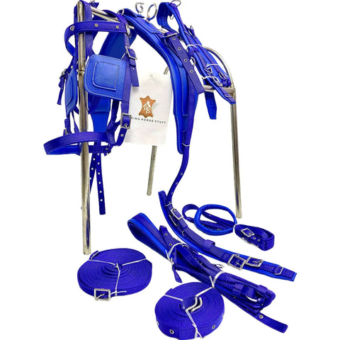 Blue Nylon Horse Driving Harness For Single Horse Cart Pony With Chrome Plated Fittings And Buckles on display stand