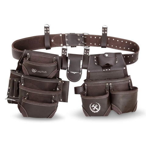 Oiled Tanned Rig Tool Belt Pouch Bag for Carpenters and Pros, showing multiple pockets and loops, made from genuine leather.