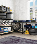 Garage Shelving Unit 40 Inch Wide 20 Inch Deep 59 Inch High 4 Tier Steel Storage Shelves Black Multipurpose Organizational Rack For Garage Pantry Closet And Workshop Adjustable Shelves With Middle Support Beams For Extra Stability, loaded with tires and tools