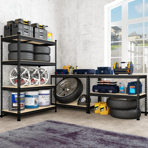 Garage Shelving Unit 40 Inch Wide 20 Inch Deep 59 Inch High 4 Tier Steel Storage Shelves Black Multipurpose Organizational Rack For Garage Pantry Closet And Workshop Adjustable Shelves With Middle Support Beams For Extra Stability, loaded with tires and tools