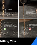 amoolo Titanium Drill Bit Set (60 pcs) with gold HSS bits; collage shows vertical drilling, start cut, spirals.