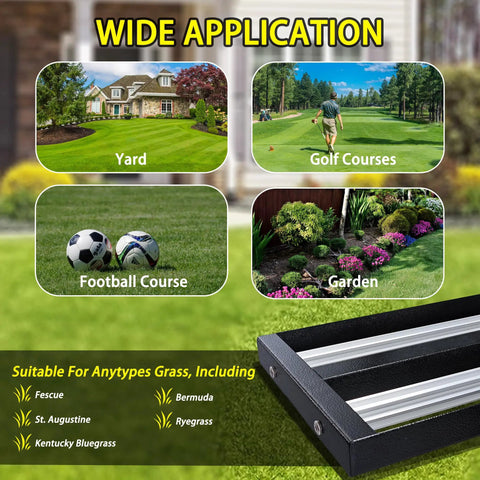 All Purpose Lawn Leveling Rake with Aluminum Rollers near images of yard, golf course, football field, and garden usage