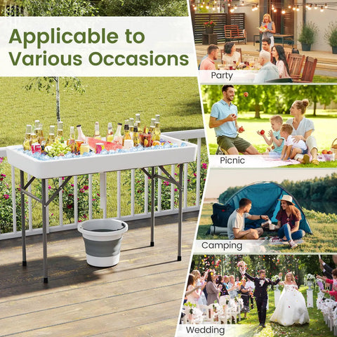 Portable Folding Ice Cooler Table With Drain And Satin Skirt Matching Foldable Bucket Bev Station, various occasions use