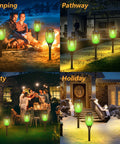Collage of Solar Torch Lights For Garden Decor 8 Pack 12 LED Flickering Flame Outdoor Pathway Lights in various outdoor settings