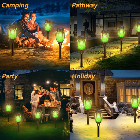 Collage of Solar Torch Lights For Garden Decor 8 Pack 12 LED Flickering Flame Outdoor Pathway Lights in various outdoor settings