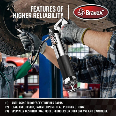 Bravex pistol-grip grease gun with 18-inch hose, 6000 PSI, chrome body and black ribbed grip in use