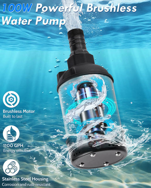 Rock Solid 12V DC Submersible Water Pump Delivering 1100GPH Flow And 16FT Lift With 6.6FT Hose Plus Grip Clamps, underwater view.
