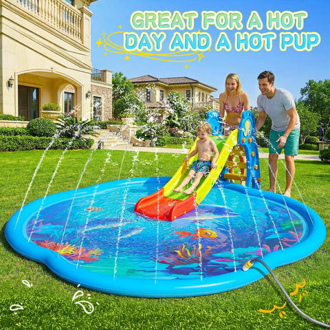 Sea World 75 Inch Splash Pad Sprinkler For Kids And Dogs Thickened Outdoor Water Toy with slide in a backyard setting