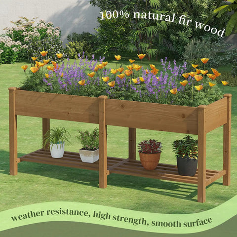 Wooden Raised Garden Bed With Legs And Two Tiers, Heavy Duty Planter Box For Backyard Patio Balcony, with storage shelf.