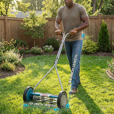 7 Blade Reel Mower With Sharpener For Fine Textured Lawns 16 Inch Cutting Width Lightweight Manual Grass Cutter For Bentgrass Bermuda Zoysia Includes SK 2 Hand Sharpener For Slick Pro Quality Lawn Care. Man using 16-inch reel mower on lawn