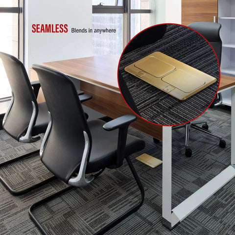 Office room with a Dual Pop Up Floor Box Kit With Brass Cover, 20A Tamper Resistant Receptacles And RJ45 Data Ports on carpet