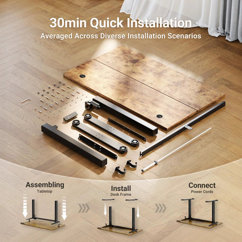Claiks Electric Height Adjustable Standing Desk 40 By 24 Inches Rustic Brown assembly parts on wooden floor for quick installation.
