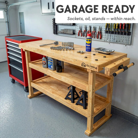 Beefy Rubberwood 60 Inch Workbench With Two Storage Shelves Heavy Duty 450 Lb Capacity Vise Slot And Bench Dog Holes in garage