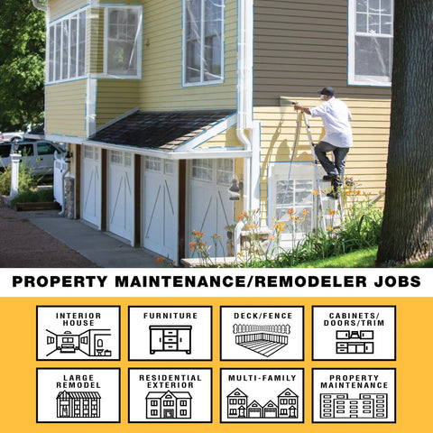 A worker using a Pro Grade Airless Paint Sprayer With Fully Adjustable Pressure and a rugged stainless steel piston pump for exterior painting.