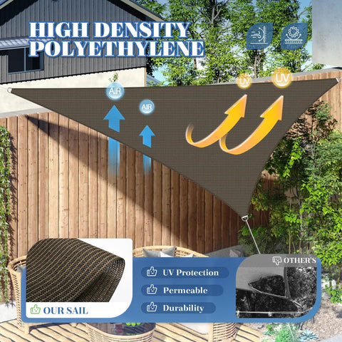Right Triangle HDPE Sun Shade Sail For Backyard And Patio All Weather UV Resistant 8 By 8 By 11 Feet installed in a garden