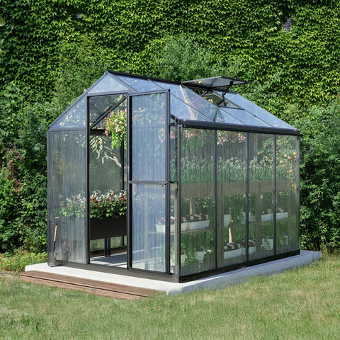 Walk In Greenhouse With Gutter And Polycarbonate Panels, Heavy Duty Aluminum Frame, Adjustable Skylight, Lockable Two Sided Door, 6 X 8 Ft, For Patio Outdoor Yard Lawn Use, Black