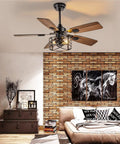 Rustic 42-Inch Farmhouse Ceiling Fan With Cage Light And Remote Dual Finish Black Walnut Blades in a cozy brick wall living room