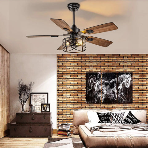 Rustic 42-Inch Farmhouse Ceiling Fan With Cage Light And Remote Dual Finish Black Walnut Blades in a cozy brick wall living room