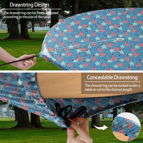 Close-up of a drawstring design on a round tablecloth with American flag pattern, showcasing adjustability for different table sizes.