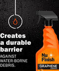 Nu Finish Graphene Coating Spray in orange bottle, part of Two Piece Exterior Car Finishing Kit With Scratch Doctor Car Scratch Remover And Graphene Coating Spray For A Showroom Shine Easy Two Step Quick Process Delivers Dramatic Results That Last And Keeps Your Ride Protected, against black background with text about water protection.
