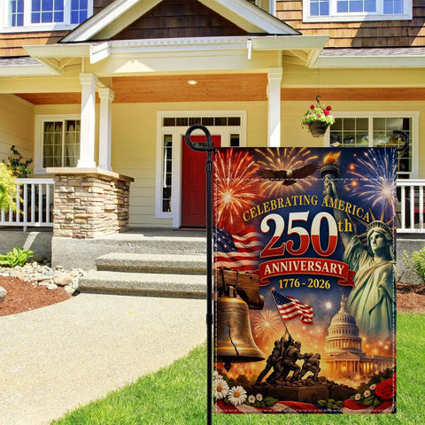 Patriotic Garden Flag Celebrating 250th Anniversary USA 1776 2026 in garden, featuring Statue of Liberty and fireworks display.