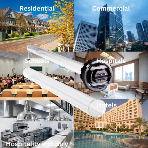 Combo Replacement Kit For UV Sterilization Systems 602805 UV Bulb And 602732 Sleeve with application examples in various buildings.